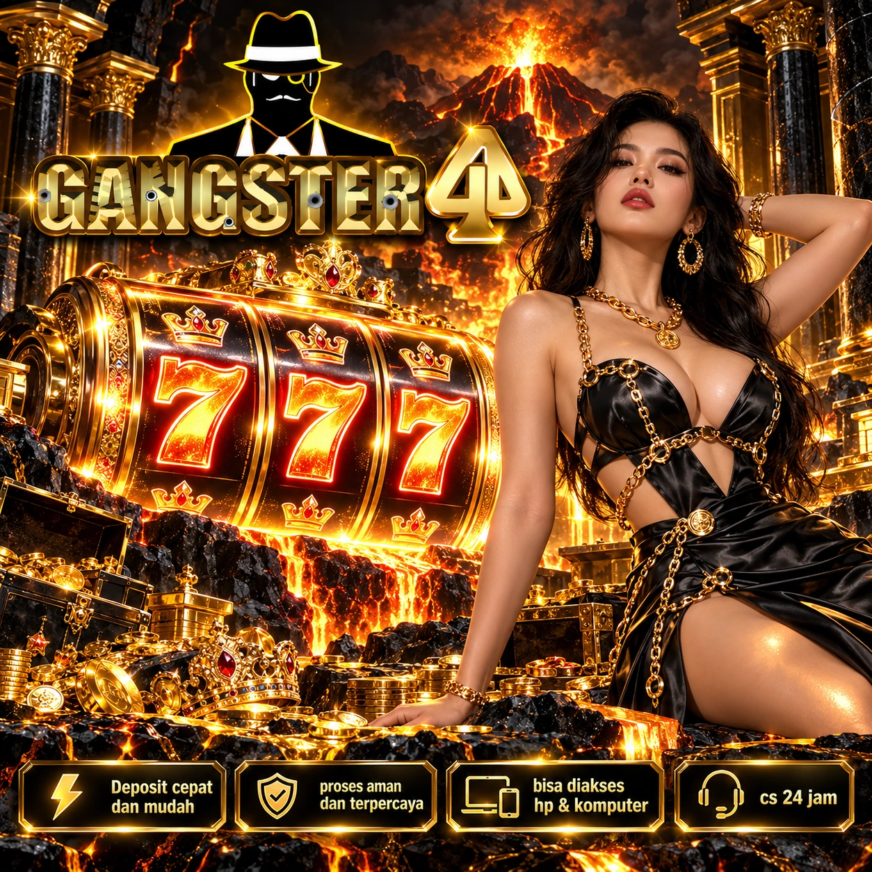 Poster GANGSTER4D hitam emas dengan gunung berapi, sosok perempuan, dan angka 777